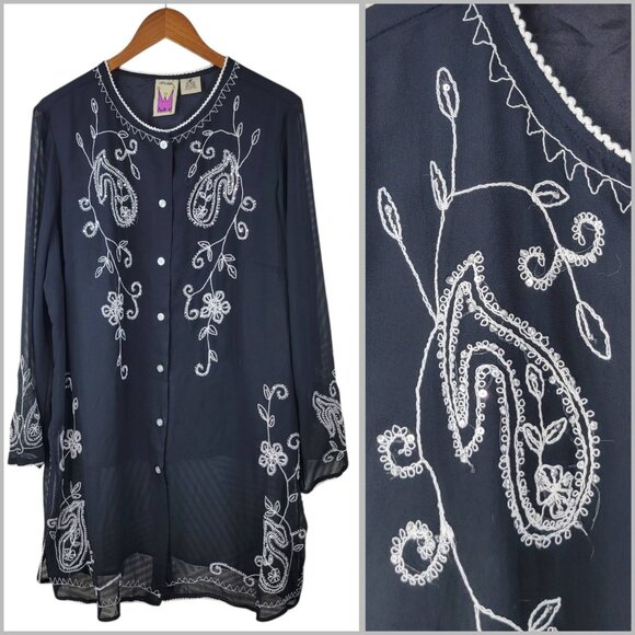 Anthony Tunic Top Plus 1X Lightweight Button Up Black Semi-sheer Embroidered - Picture 1 of 7